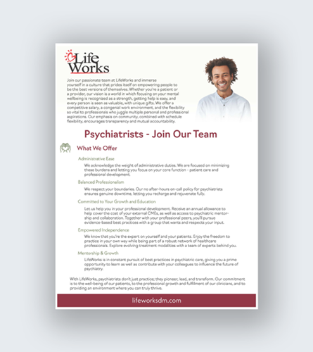 Show details for Downloadable Psychiatrist Hiring Flyer - LifeWorks