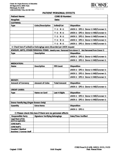 Picture of D-19 Patient Personal Effect NCR Form