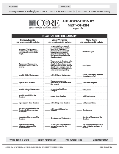 Picture of Authorization Form by Next of Kin- Four 4 part NCR forms Page 1